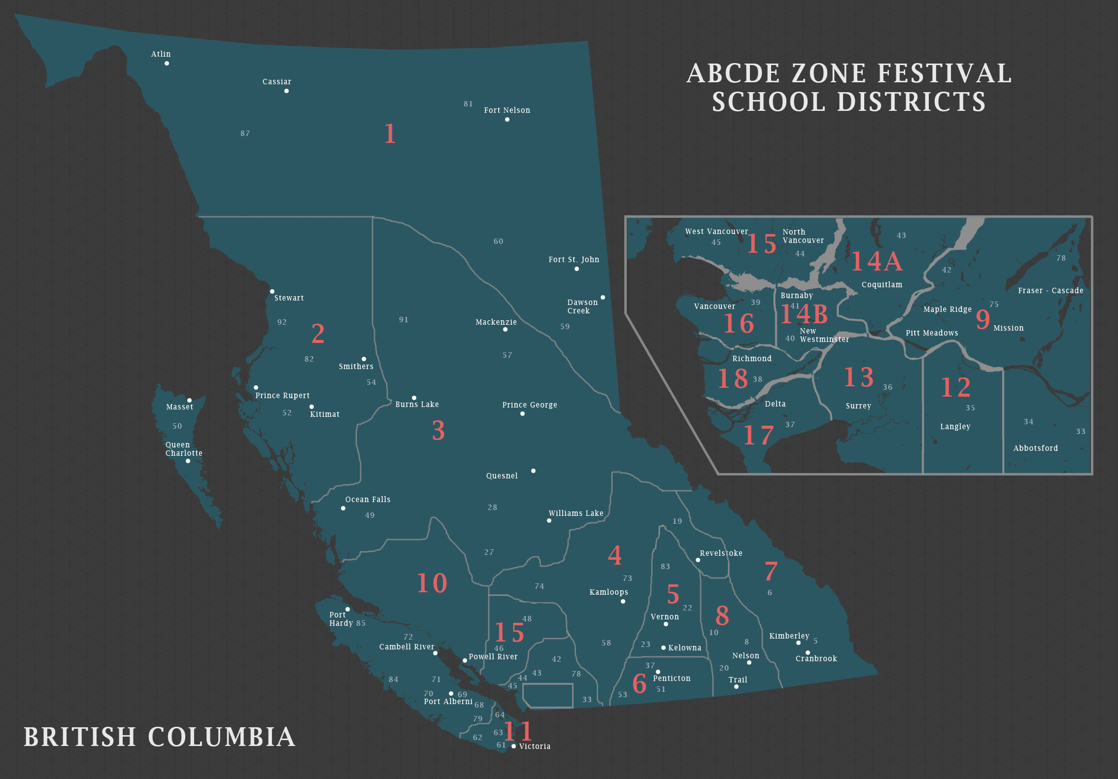 Map of ABCDE Zone Festival School Districts in British Columbia